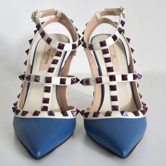 Valentino Garavani Rockstud Ankle Strap Pump in Blue and Burgundy Size 39.5 EU - Picture 2 of 16